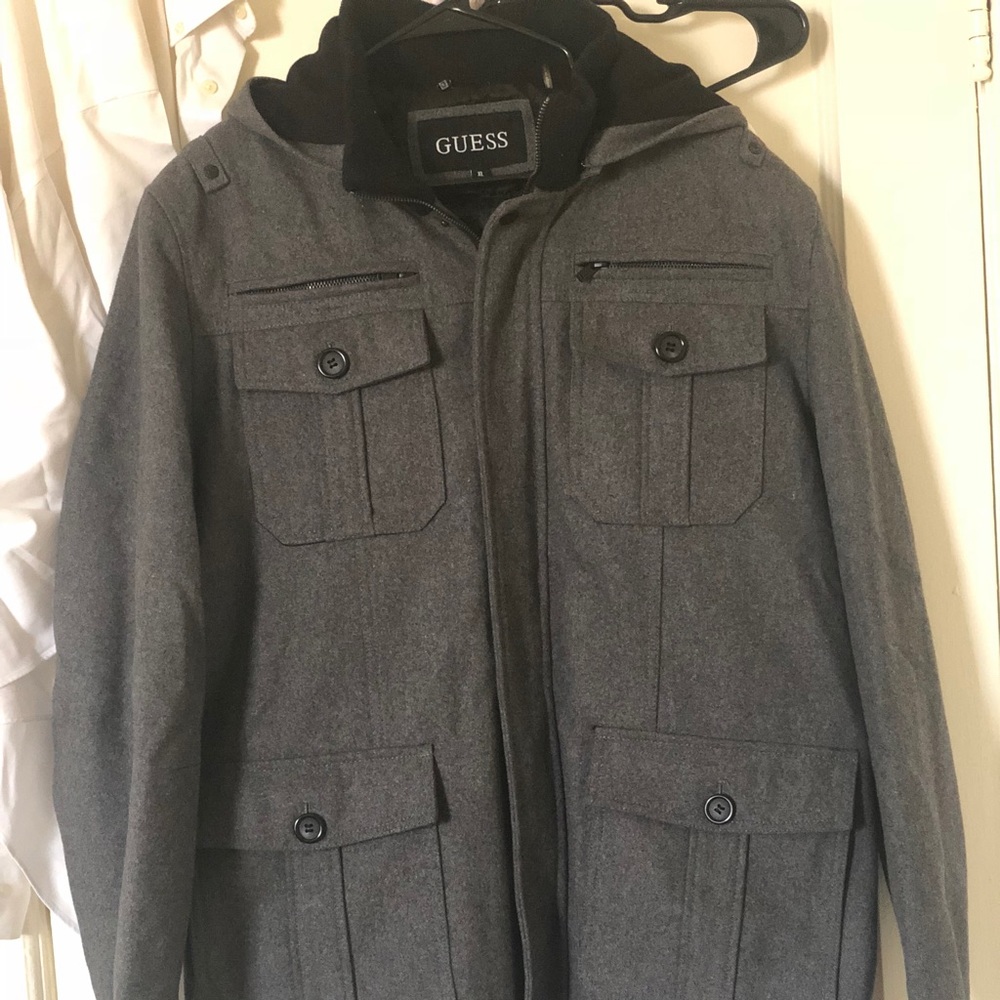 Guess Men's Gray Military Style Hooded Pea Coat